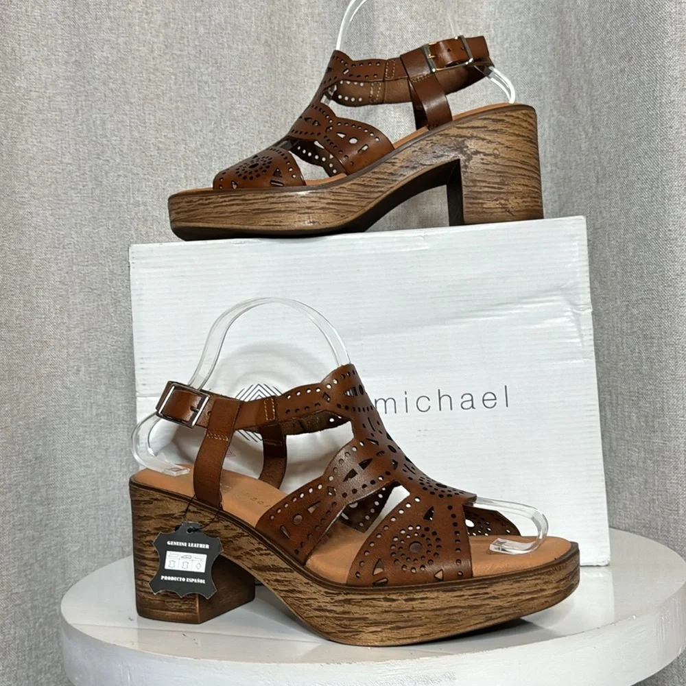 ERIC MICHAEL WHITNEY  COGNAC LEATHER LASER CUT PLATFORM BOHO SANDALS NIB EU 40